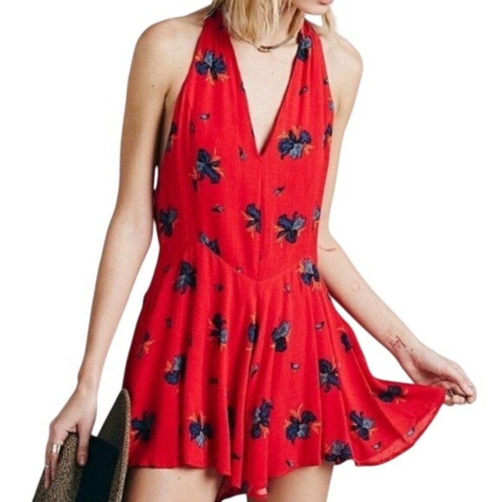 Free People Smooth Talk Halter Romper Floral Red Backless Size 0 Boho Date Night
